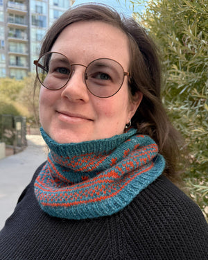 Beginner Colourwork Cowl in Estelle Highland Alpaca Worsted Tweed.