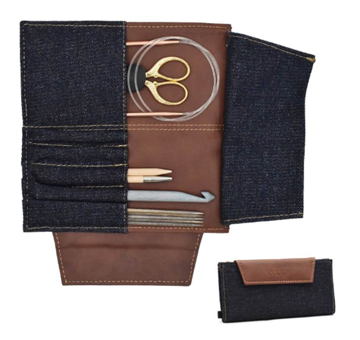 Lykke Weekender Needle Case large denim vegan leather chocolate
