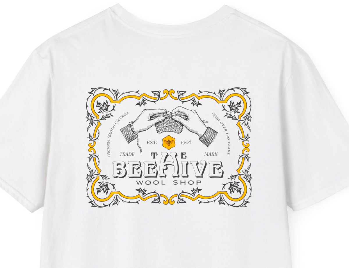 Beehive Wool Shop anniversary tshirt back close up