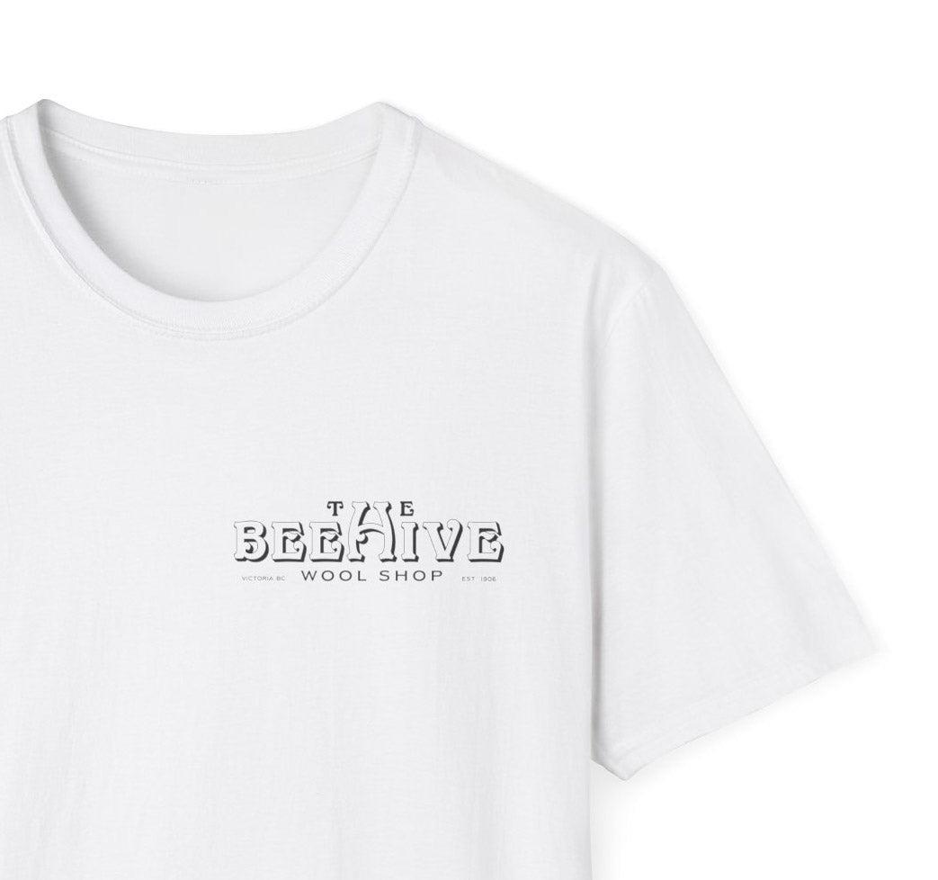 Beehive Wool Shop anniversary tshirt front close up