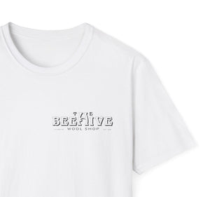 Beehive Wool Shop anniversary tshirt front close up