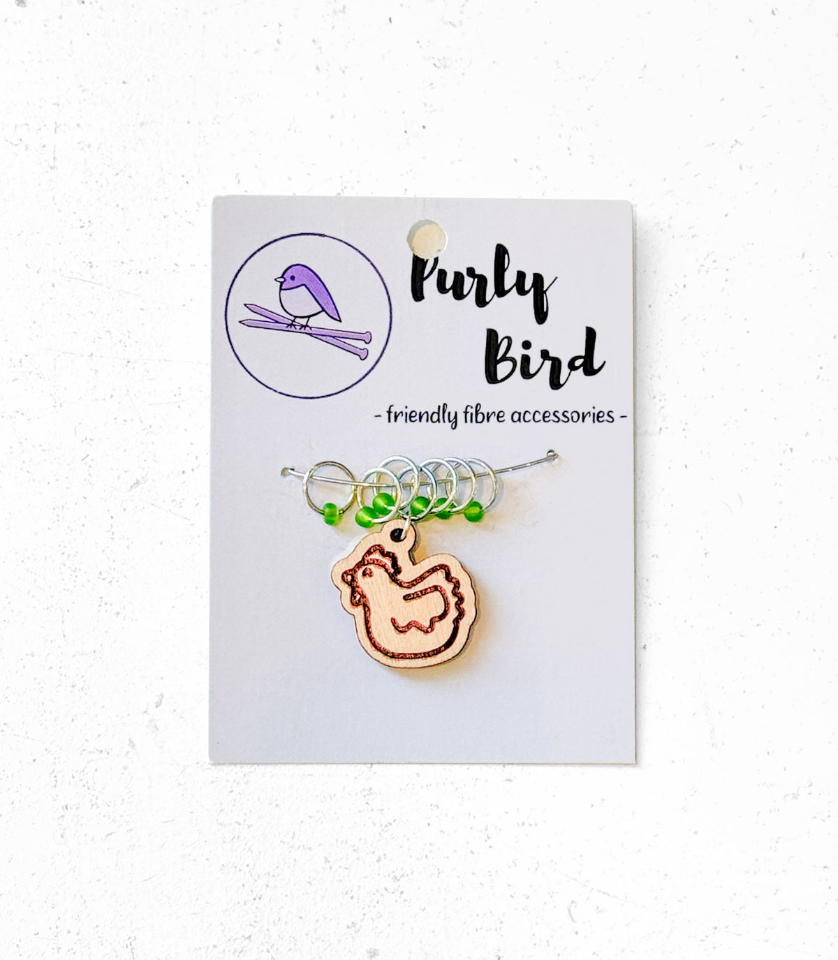 Purly Bird Stitch Marker Rings Plus Charm wood chicken