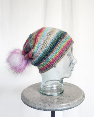Estelle Yarns Colour Flow Hat Kit wool nylon sample in q42207k gumball with orchid pompom