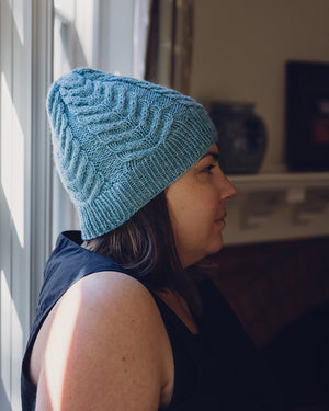 Beehive Wool Shop Knit Level 2 Cabled Toque class antler toque in blue sky fibers woolstok worsted