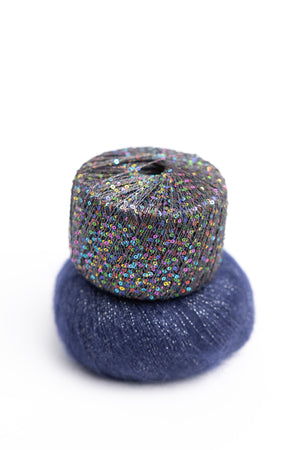 Beehive Wool Shop Kaleidoscope Cowl Kit Rico Creative Crazy Paillettes and Lana Gatto Silk Mohair Lux polyamide polyester mohair silk nylon midnight madness