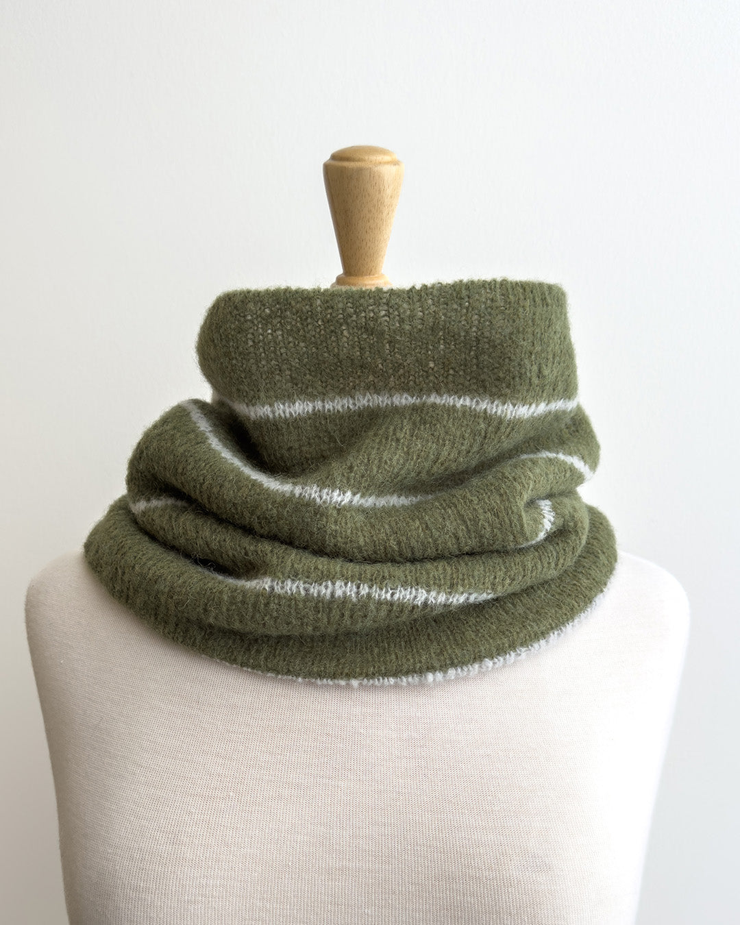 James Bay Cowl in MODE at Rowan Alpaca Haze sample shown in michigan colourway