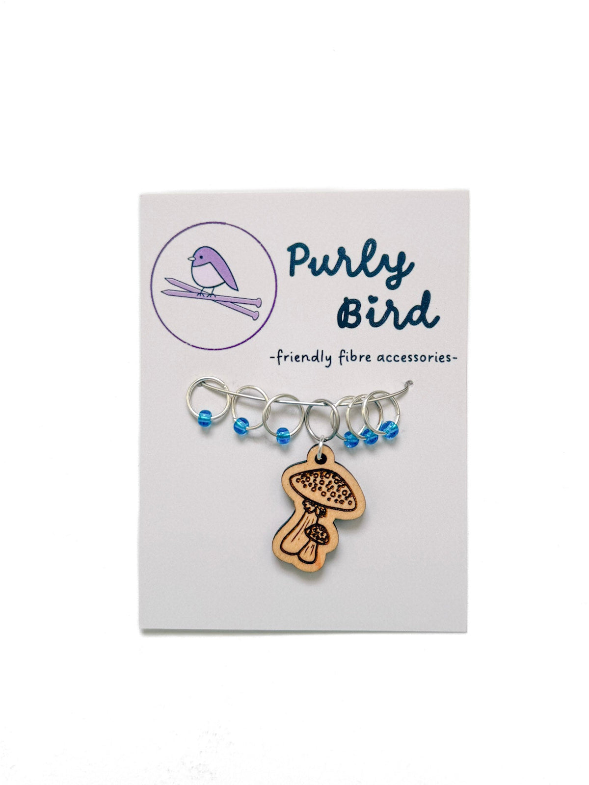 Purly Bird Stitch Marker Rings Plus Charm wood mushroom