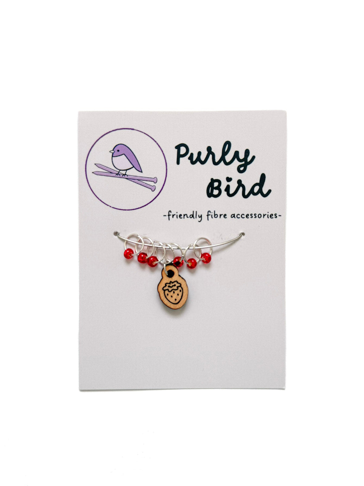 Purly Bird Stitch Marker Rings Plus Charm wood strawberry