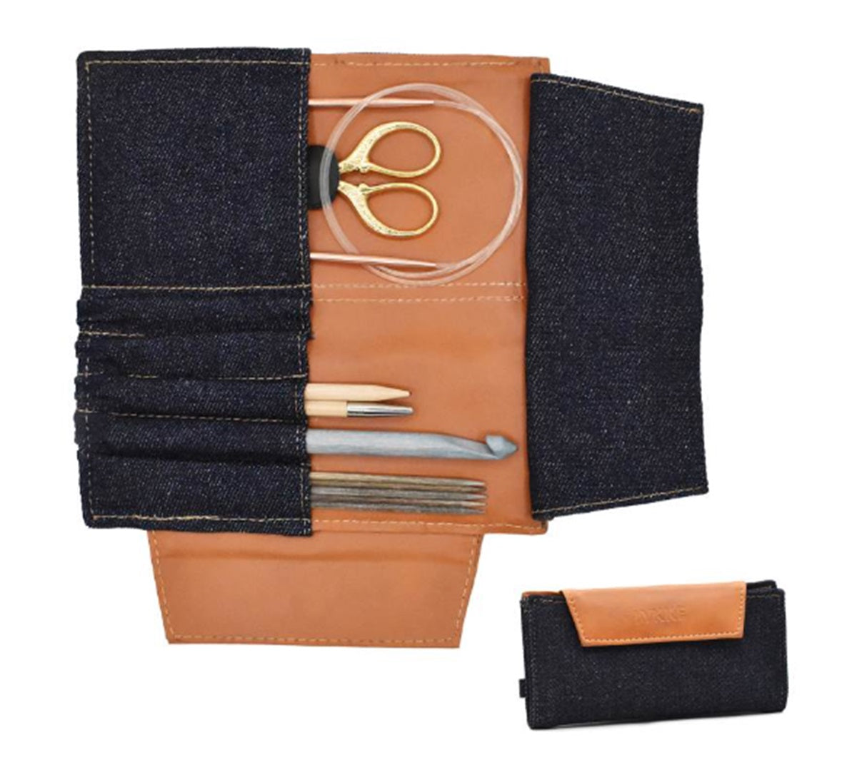 Lykke Weekender Needle Case large denim vegan leather camel