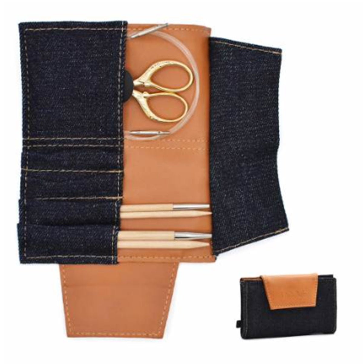 Lykke Weekender Needle Case small denim vegan leather camel
