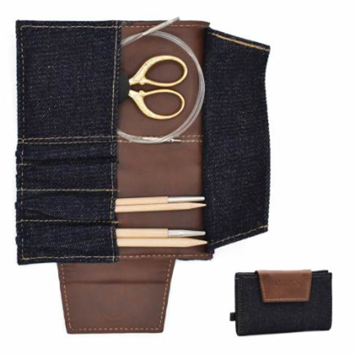 Lykke Weekender Needle Case small denim vegan leather chocolate