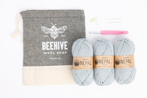 Beginner Crochet Kit Drops Nepal wool Beehive Wool Shop Project Bag cotton Crochet Hook Stitch Markers Darning Needles drizzle colourway
