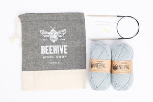 Beginner Knit Kit Drops Nepal wool Beehive Wool Shop Project Bag cotton Lykke Driftwood Circuluar Needle Stitch Markers Darning Needles drizzle colourway