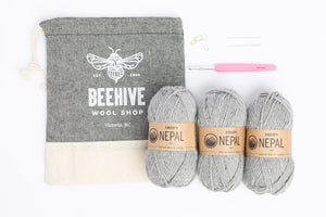 Beginner Crochet Kit Drops Nepal wool Beehive Wool Shop Project Bag cotton Crochet Hook Stitch Markers Darning Needles fog colourway