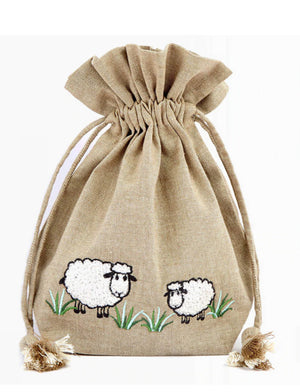 Lantern Moon Meadow Drawstring Bag cotton natural with embroidered sheep