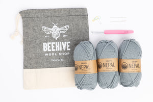 Beginner Crochet Kit Drops Nepal wool Beehive Wool Shop Project Bag cotton Crochet Hook Stitch Markers Darning Needles mist colourway