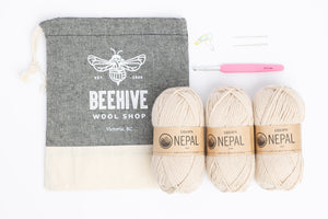 Beginner Crochet Kit Drops Nepal wool Beehive Wool Shop Project Bag cotton Crochet Hook Stitch Markers Darning Needles mushroom colourway