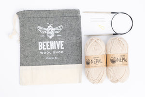 Beginner Knit Kit Drops Nepal wool Beehive Wool Shop Project Bag cotton Lykke Driftwood Circuluar Needle Stitch Markers Darning Needles mushroom colourway