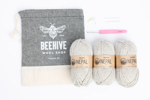 Beginner Crochet Kit Drops Nepal wool Beehive Wool Shop Project Bag cotton Crochet Hook Stitch Markers Darning Needles overcast colourway