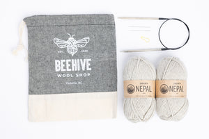  Beginner Knit Kit Drops Nepal wool Beehive Wool Shop Project Bag cotton Lykke Driftwood Circuluar Needle Stitch Markers Darning Needles overcast colourway